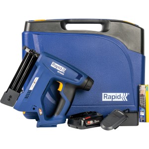 Rapid BTX606 18V sparapunti a batteria con batteria, caricabatterie e accessori in valigetta blu.