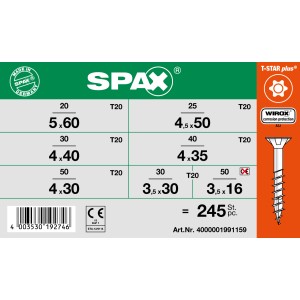 Viti universali Spax a testa svasata, attacco T-Star plus, 245 pezzi, acciaio Wirox.