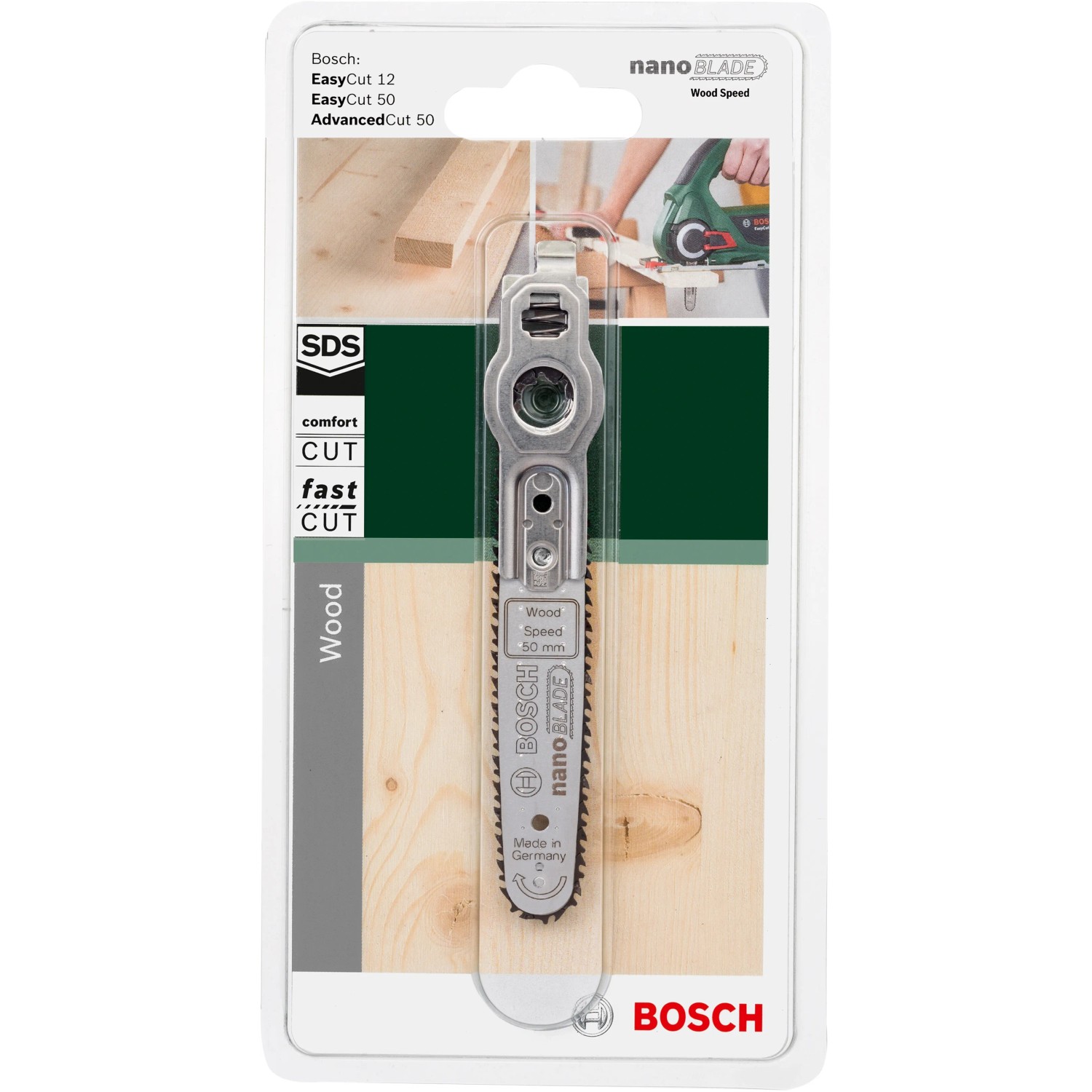 Lama per sega Bosch NanoBlade WoodSpeed 50 per tagli precisi nel legno.