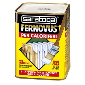 Barattolo giallo di vernice per termosifoni Saratoga, applicabile direttamente sulla ruggine.