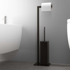 Set WC nero con porta carta igienica e scopino.