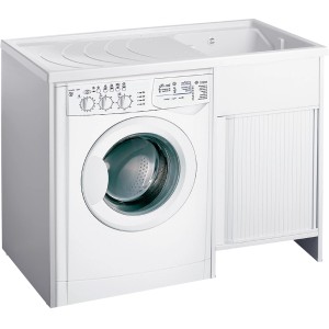 Mobile lavatrice Lavatoi bianco con lavabo e anta a serrandina.