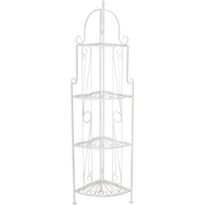 Scaffale angolare in metallo bianco per piante e vasi con tre ripiani.