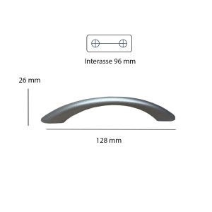 Maniglia per mobili color argento con dimensioni (lunghezza 128 mm, interasse 96 mm) per armadi e cassetti.