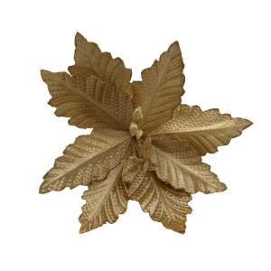 Decorazione natalizia dorata a forma di fiore, dettagliata e festosa.