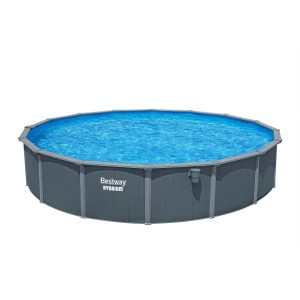 Piscina rotonda Bestway Hydrium con parete in acciaio grigio e acqua blu.