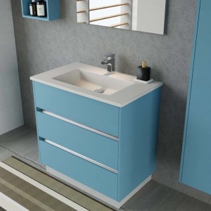 Mobile bagno t.b.t. blu con tre cassetti e lavabo bianco.