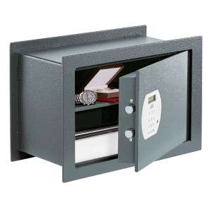 Cassaforte a muro Burg Wächter Pure Safe PSW 130 E, antracite, con porta aperta e contenuto.