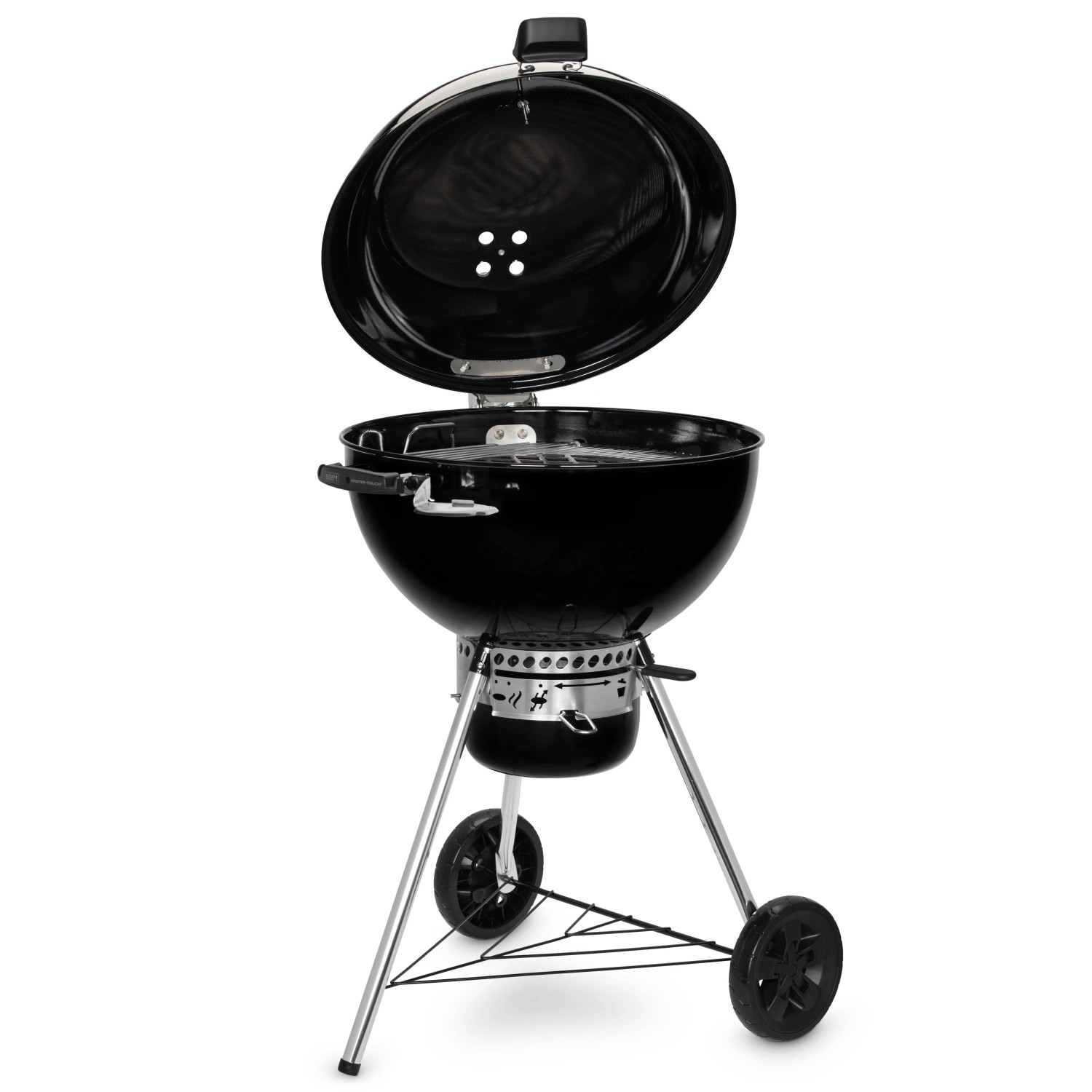 Griglia a carbone Weber Master-Touch Premium E-5770 nera con coperchio aperto.