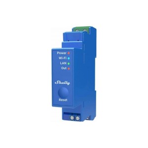 Modulo relè blu Shelly Pro 1 per domotica con connettività LAN, WLAN e Bluetooth.