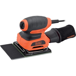 Levigatrice orbitale Black+Decker in arancione e nero, vista dettagliata.