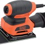 Levigatrice orbitale Black+Decker in arancione e nero, vista dettagliata.