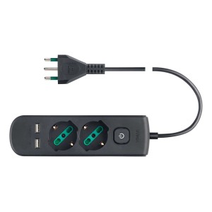 Multipresa nera t.b.t. con 2 prese e 2 porte USB.