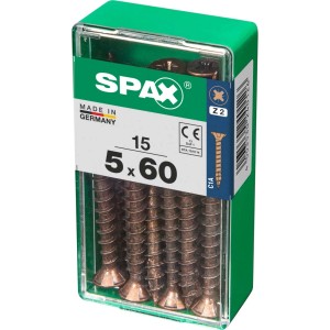 Viti per legno SPAX 5x60 mm in contenitore di plastica verde.