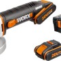 Smerigliatrice angolare a batteria Worx WX800 20V con 2 batterie, caricabatterie e accessori in valigetta.