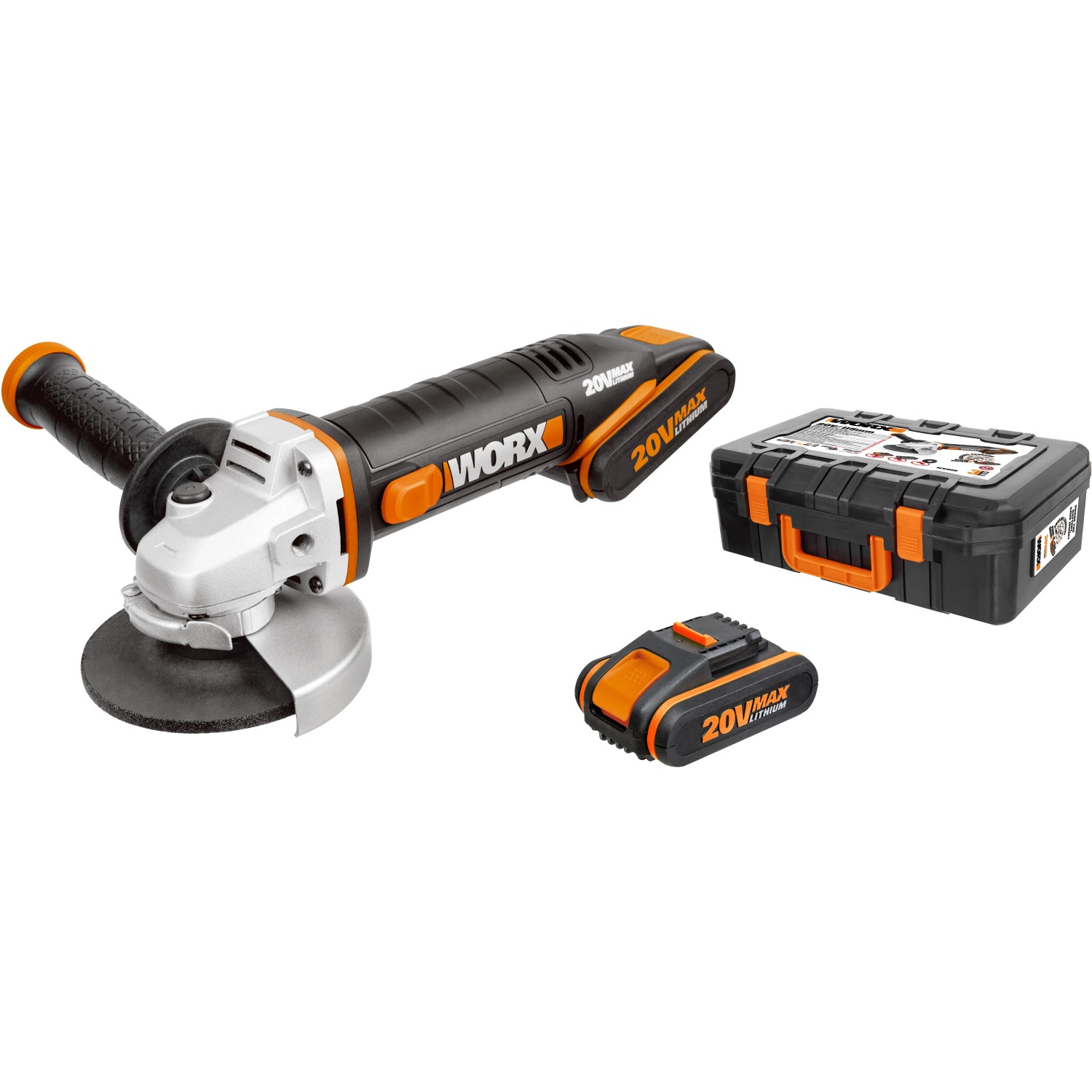 Smerigliatrice angolare a batteria Worx WX800 20V con 2 batterie, caricabatterie e accessori in valigetta.