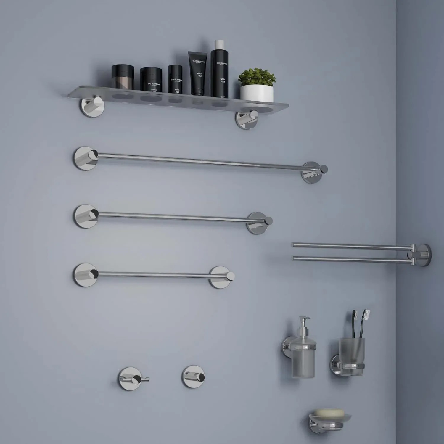 Set accessori bagno t.b.t.: porta asciugamani, dispenser sapone, mensola e altro per doccia e bagno.