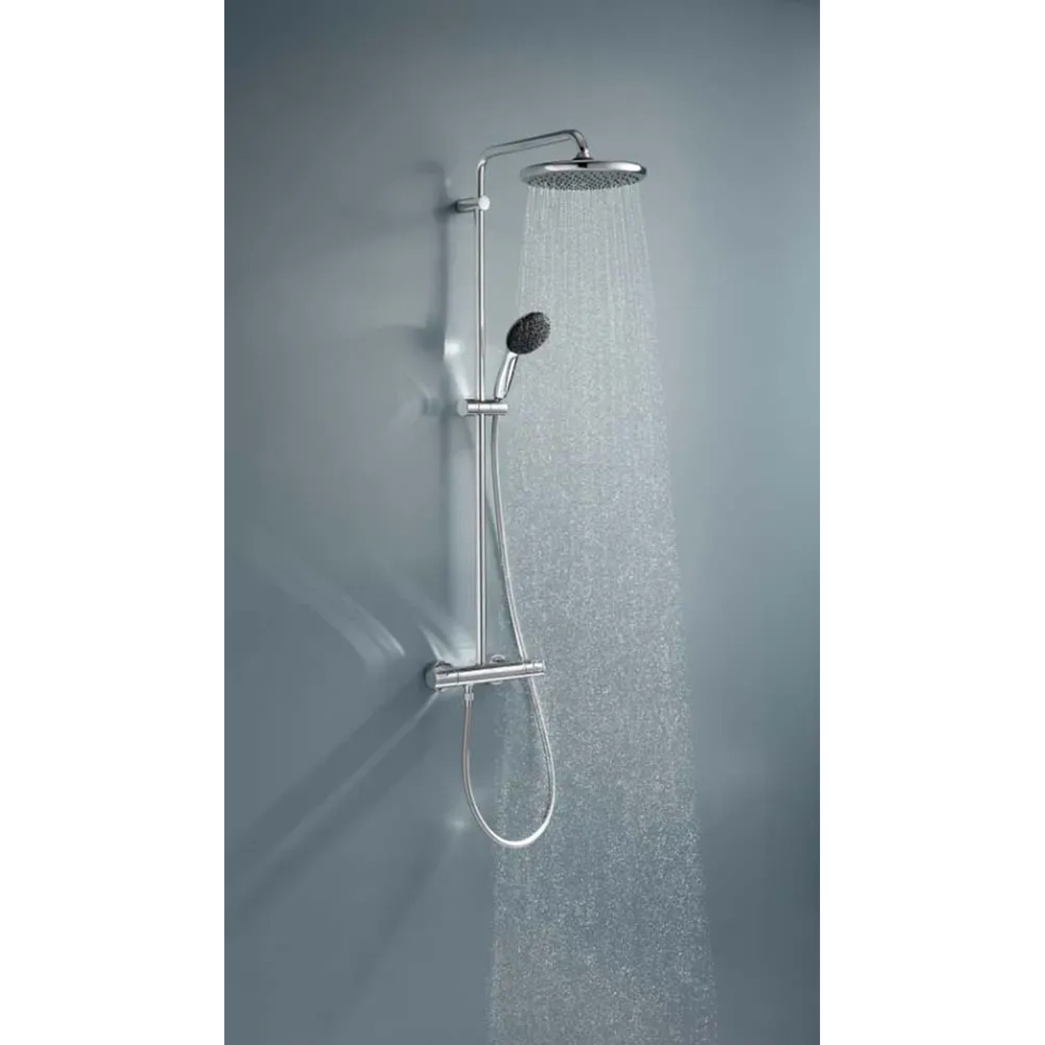 Sistema doccia Grohe Vitalio Start 250 con termostato, soffione e doccetta, cromo, forma rotonda.