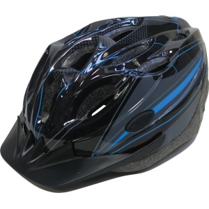 Casco da bici nero con dettagli blu per una protezione ottimale durante il ciclismo.