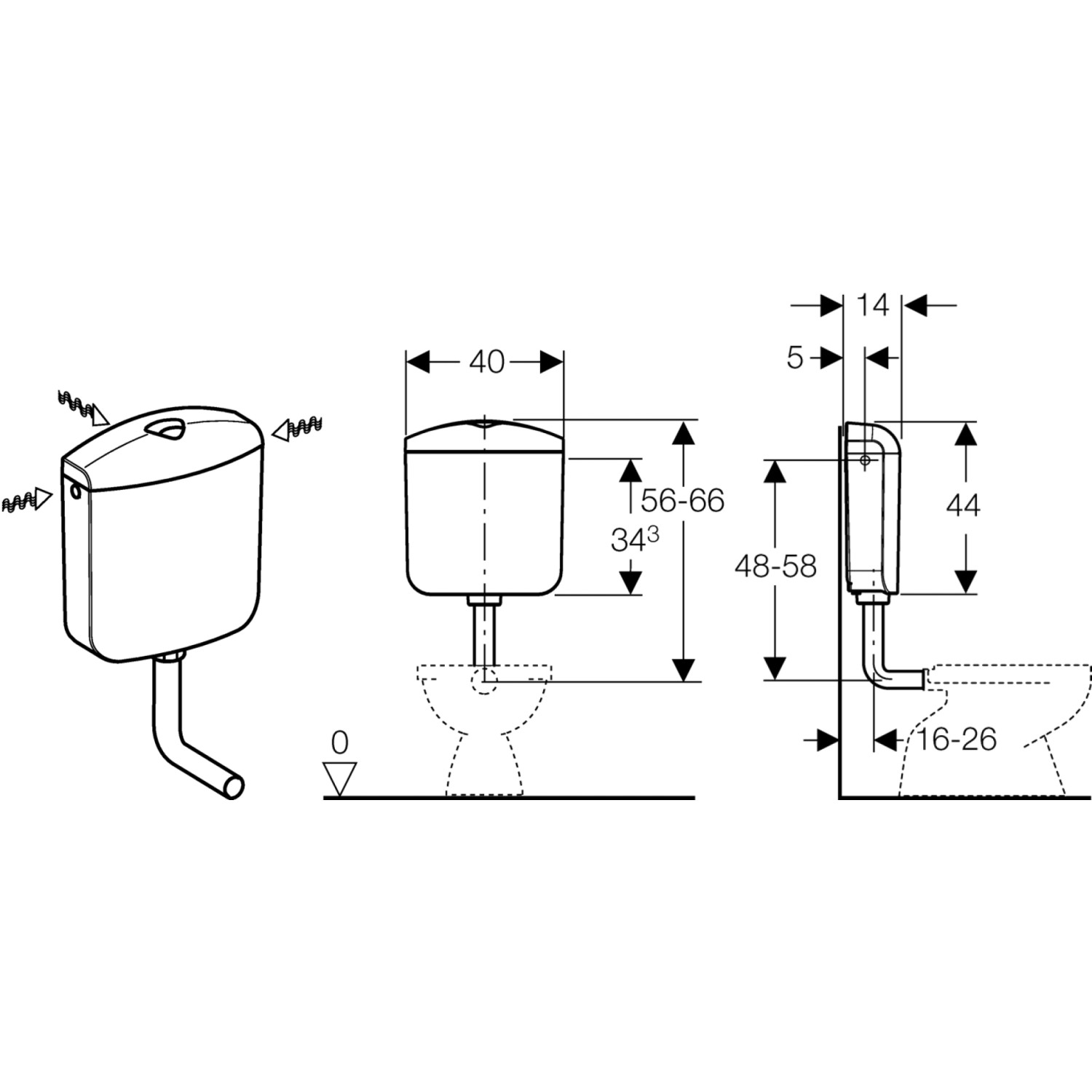 Disegno tecnico: cassetta di risciacquo esterna Geberit AP117 in bianco con dimensioni.
