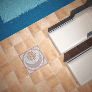 Piastrelle mosaico con motivo sole/luna a bordo piscina, abbinate a lettini. Ideale per un tocco mediterraneo.