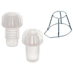 t.b.t. per macchine da raccolta: Due tappi in plastica e una struttura in filo metallico.