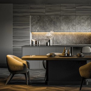 Cucina moderna con tavolo da pranzo e illuminazione LED indiretta.