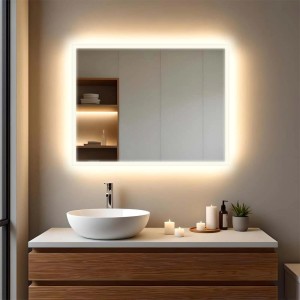 Specchio da parete rettangolare con illuminazione LED in bagno.