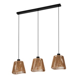 Lampada a sospensione t.b.t. con tre paralumi in corda intrecciata, ideale per soggiorno o sala da pranzo.