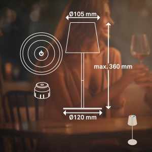 Illustrazione della lampada da tavolo a LED ricaricabile Brilo 3 in 1 beige con dimensioni.