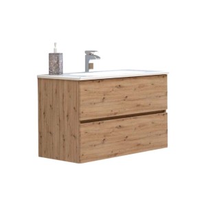 Mobile bagno color legno con due cassetti e lavabo da appoggio.