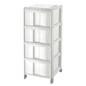 Contenitore t.b.t. bianco con 4 cassetti, ideale per lo stoccaggio.