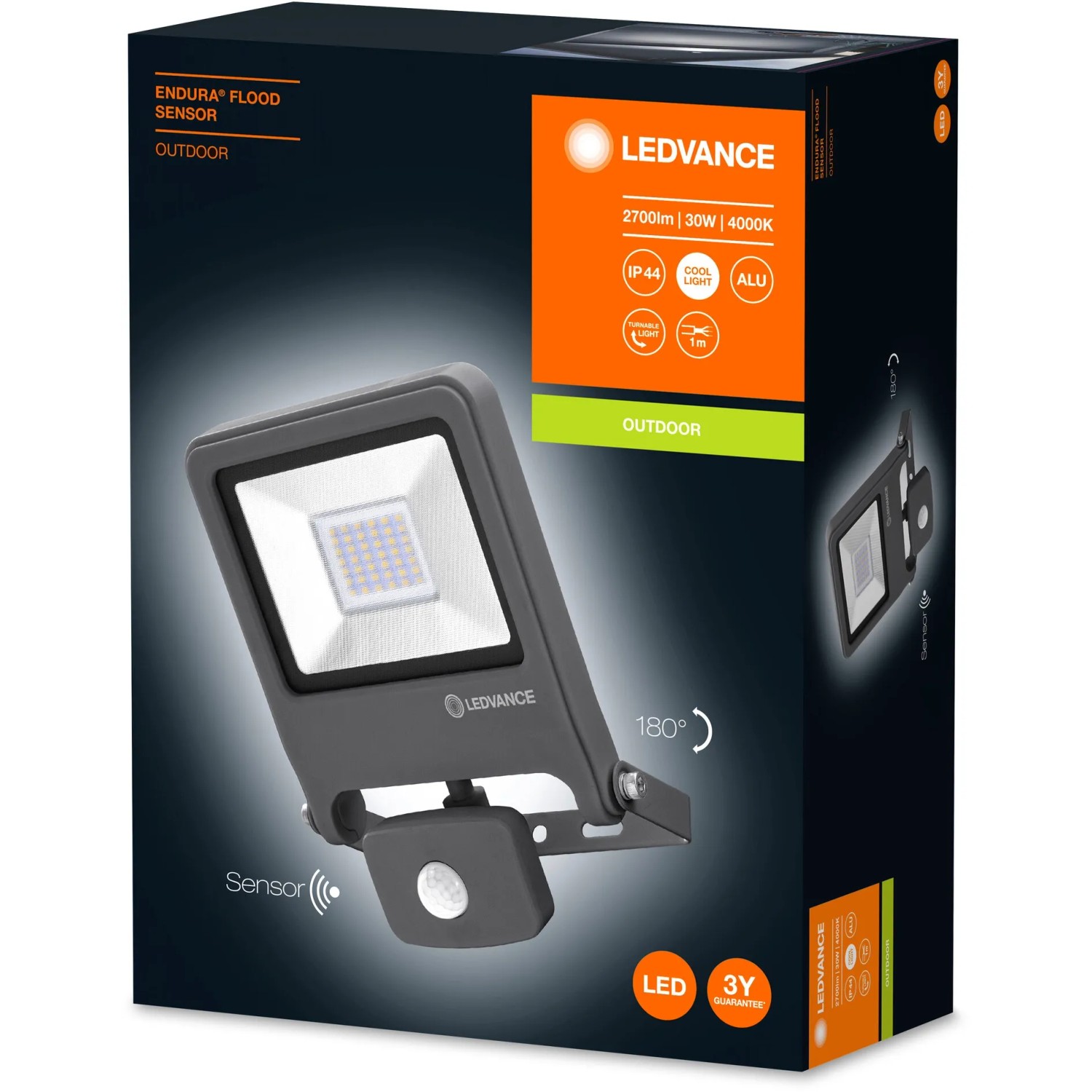 Confezione del faretto LED da esterno Ledvance Endura Flood con sensore, 30W, grigio scuro.