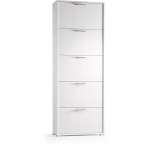 Scarpiera bianca con cinque scomparti e maniglie argentate.