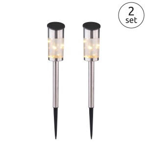 Set di 2 lampade solari da giardino con effetto acciaio inox e LED bianco caldo.
