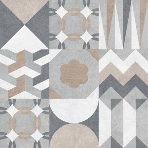 Adesivo da parete t.b.t. con motivi geometrici in grigio, beige e bianco.