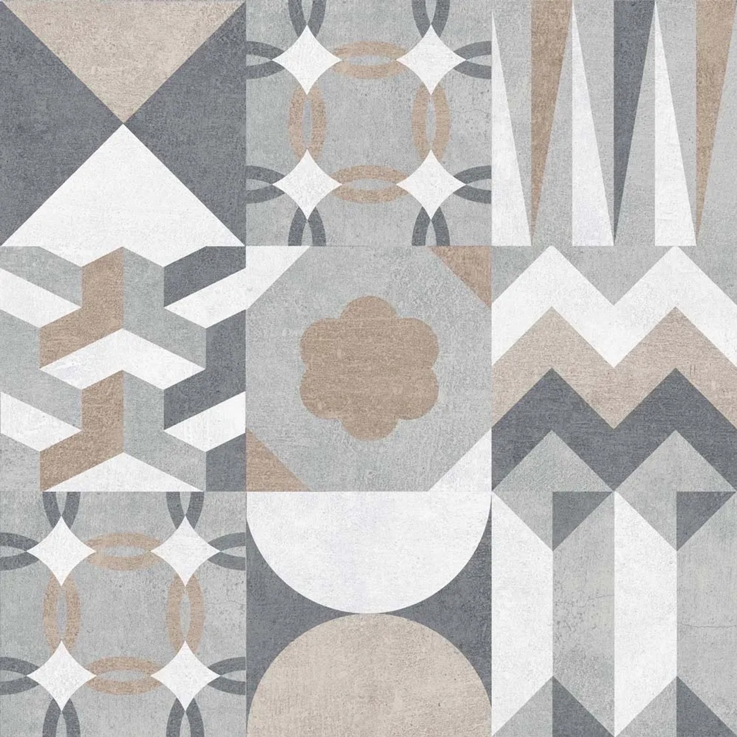 Adesivo da parete t.b.t. con motivi geometrici in grigio, beige e bianco.