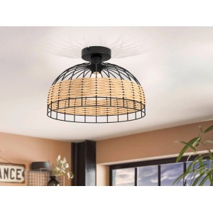 Plafoniera nera Eglo Anwick con paralume in rattan naturale, design vintage.