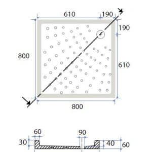 Disegno tecnico del piatto doccia t.b.t. con dimensioni e sezione trasversale.