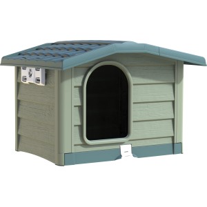 Cuccia per cani in plastica chiara con tetto blu e ingresso