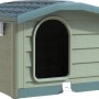 Cuccia per cani in plastica chiara con tetto blu e ingresso