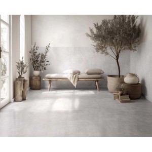 Stanza luminosa con piastrelle grigie. Design decorativo con panca e piante.