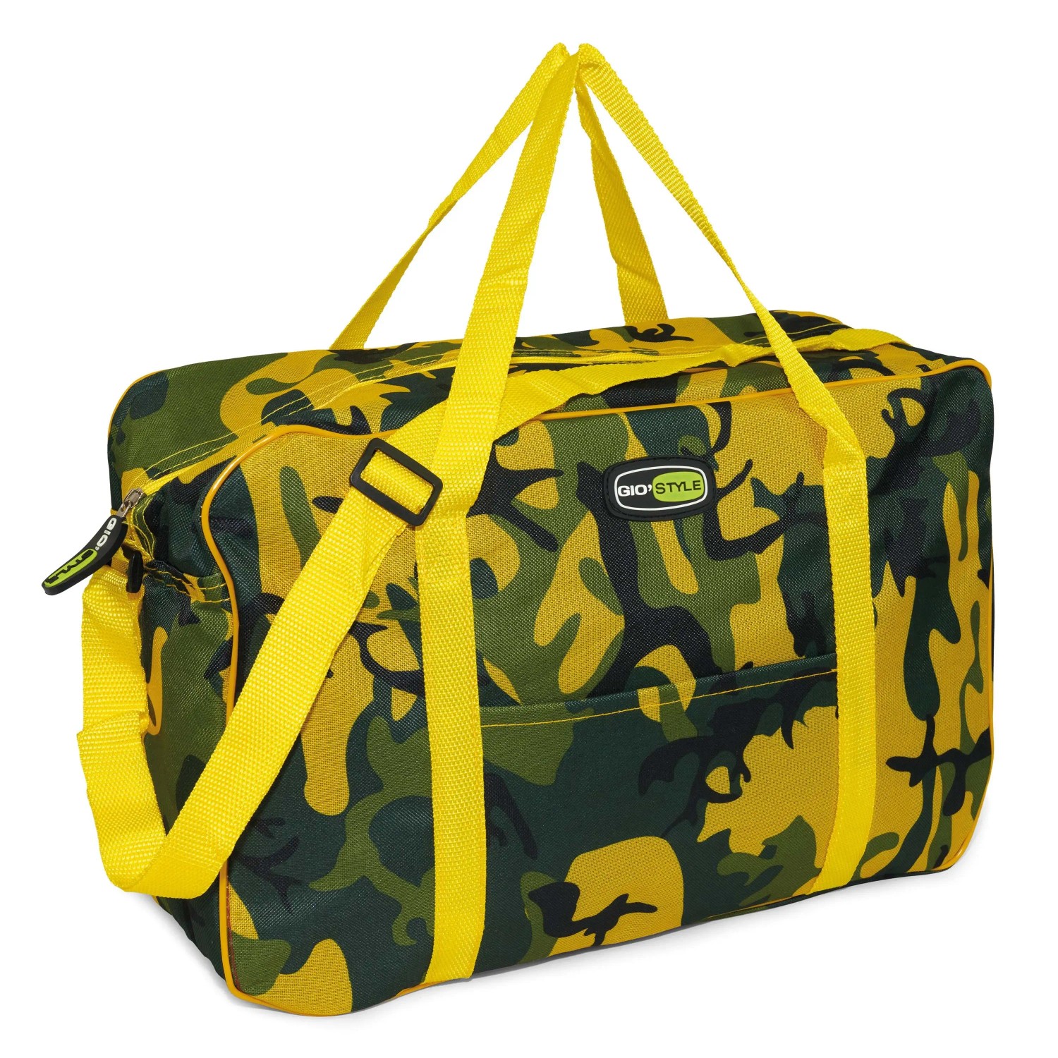Borsa da campeggio t.b.t. con motivo mimetico e manici gialli.
