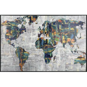 Quadro mappamondo con cornice, pittura astratta nei toni del blu, giallo e verde.