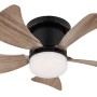 Ventilatore da soffitto compatto con pale effetto legno e luce LED integrata.