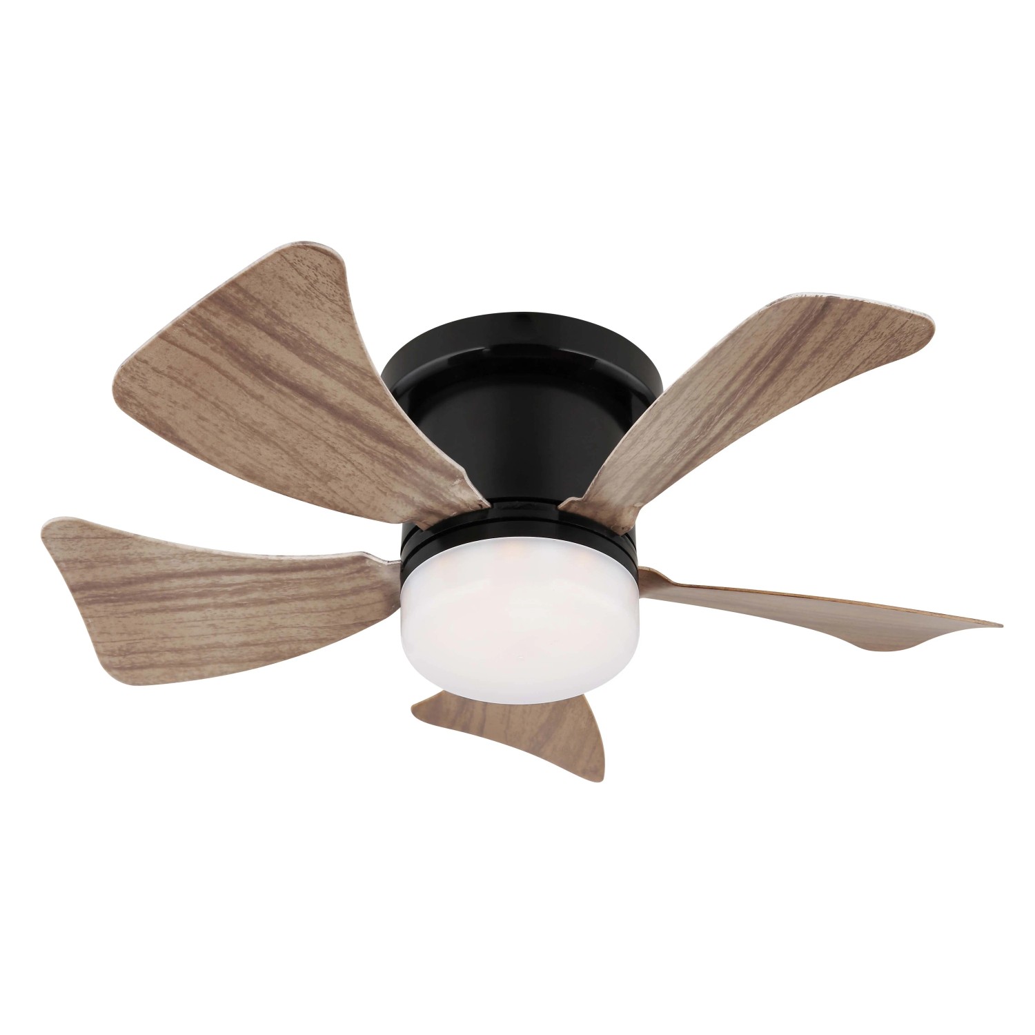 Ventilatore da soffitto compatto con pale effetto legno e luce LED integrata.