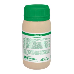 Flortis Eco Hormon Plus, concime per fiori in barattolo beige con tappo verde.