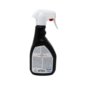 Flacone spray nero con erogatore bianco per prodotti di pulizia o cura.