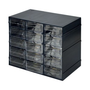Mobile portaminuteria nero con cassetti trasparenti per riporre piccoli oggetti.
