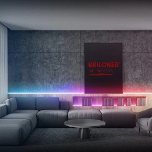 Soggiorno con illuminazione indiretta tramite striscia LED Brilo RGBIC, controllo dinamico della luce colorata.